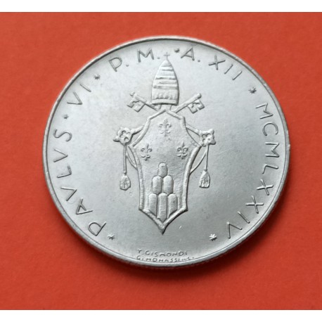 VATICANO 100 LIRAS 1974 ESCUDO PALOMA DE LA PAZ y PAPA PABLO VI KM.122 MONEDA DE ARO SC