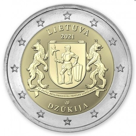 .@ENVIO INMEDIATO@ LITUANIA 2 EUROS 2021 Región de DZUJIKA Escudo y Leones 2ª MONEDA CONMEMORATIVA SC Lietuva