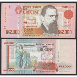 URUGUAY 2000 PESOS 1989 JUAN MANUEL BLANES y ESTATUA Pick 68 BILLETE SC $2000 UNC BANKNOTE NUEVOS