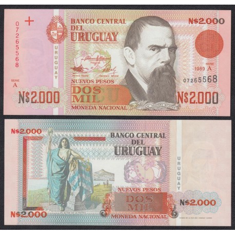 URUGUAY 2000 PESOS 1989 JUAN MANUEL BLANES y ESTATUA Pick 68 BILLETE SC $2000 UNC BANKNOTE NUEVOS