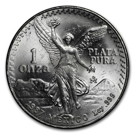 MEXICO 1 ONZA 1987 ANGEL LIBERTAD @MUY RARA@ MONEDA DE PLATA PURA 999 SC Mejico Silver coin OZ OUNCE
