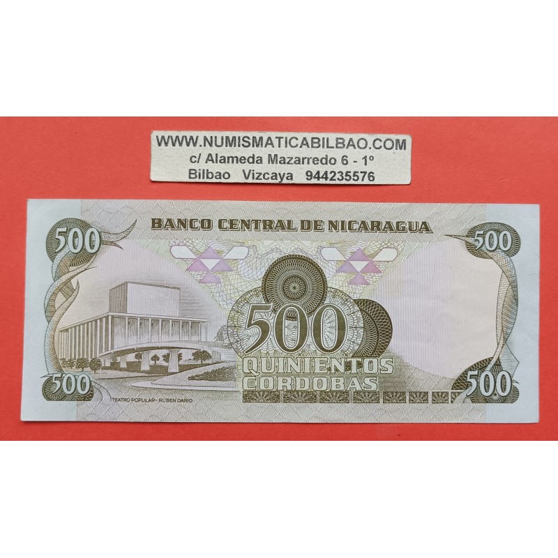 NICARAGUA 500 CORDOBAS 1985 (1987) RUBEN DARIO y TEATRO CAMPAÑA ALFABETIZACION Pick 144 BILLETE MBC+ @ESCASO@ BANKNOTE