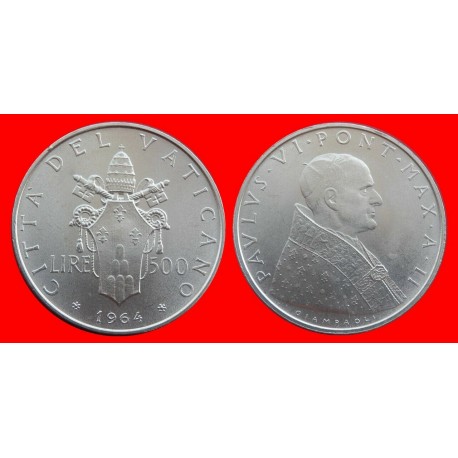 VATICANO 500 LIRAS 1964 PAPA PABLO VI y ESCUDO PAPAL KM.83.2 MONEDA DE PLATA SC Silver Lire