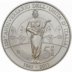 ITALIA 5 EUROS 2011 ROMA y CABALLOS 150 ANIV. DE LA UNIFICACION KM.341 MONEDA DE PLATA SC De cartera