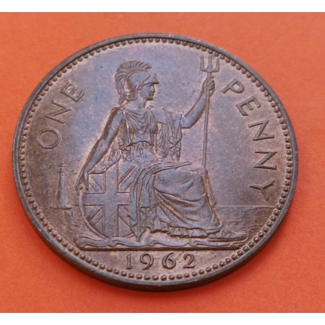 INGLATERRA 1 PENIQUE 1962 BRITANNIA ISABEL II @NO LEYENDA BRITT:OMN@ KM.897 MONEDA DE BRONCE SC- UK 1 Penny coin