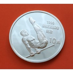 CHINA 10 YUAN 1995 GIMNASTA EN BARRA OLIMPIADA DE ATLANTA 1996 KM.761 MONEDA DE PLATA PROOF 1 ONZA