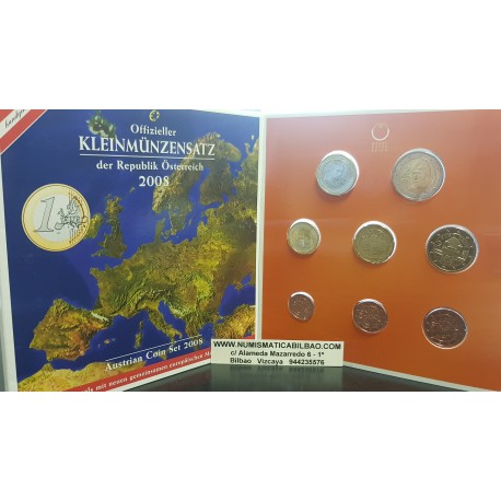 AUSTRIA CARTERA EUROS 2008 SC 1+2+5+10+20+50 Centimos + 1 EURO + 2 EUROS 2008 UNC BU SET KMS Österreich