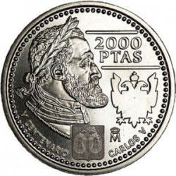 ESPAÑA 2000 PESETAS 2000 V CENTENARIO EMPERADOR CARLOS V KM.1015 MONEDA DE PLATA SC @NO BOLSA ORIGINAL@