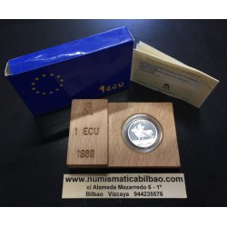 ESPAÑA 1 ECU 1989 EUROPA RAPTADA POR ZEUS MONEDA DE PLATA PROOF ESTUCHE CERTIFICADO FNMT 0,20 ONZAS OZ