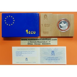 ESPAÑA 1 ECU 1989 EUROPA RAPTADA POR ZEUS MONEDA DE PLATA PROOF ESTUCHE CERTIFICADO FNMT 0,20 ONZAS OZ