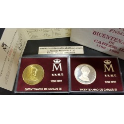 ESPAÑA FNMT 2 MEDALLAS 1988 BICENTENARIO DE CARLOS III Monedas de PLATA y LATON tipo 2000 Pesetas ESTUCHE OFICIAL + CERTIFICADO