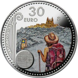 . 1 moneda x ESPAÑA 30 EUROS 2021 PEREGRINO DEL CAMINO DE SANTIAGO XACOBEO 21-22 PLATA SC COLORES EN BOLSA FNMT
