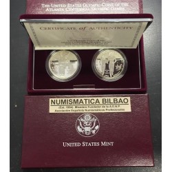 2 monedas x ESTADOS UNIDOS 1 DOLAR 1995 P ATLANTA OLYMPICS 96 ANILLAS + CORREDOR CIEGO PARALYMPICS PLATA PROOF ESTUCHE
