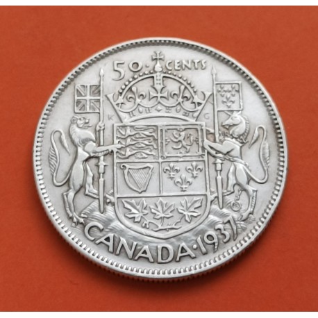 CANADA 50 CENTAVOS 1937 REY JORGE VI y ESCUDO KM.36 MONEDA DE PLATA EBC- Silver Half Dollar 50 Cents