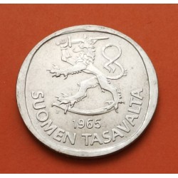 FINLANDIA 1 MARKKAA 1965 S LEON RAMPANTE y ESCUDO KM.30 MONEDA DE PLATA BAJA SC- Finnland