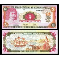 NICARAGUA 5 CORDOBAS 1995 GALEON INGLES y MUJER CON CAÑON Pick 180 BILLETE SC UNC BANKNOTE