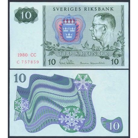 SUECIA 10 KRONOR 1980 BUSTO DEL REY y SIMBOLOS DE LA NIEVE Pick 52 E BILLETE SC Sweden UNC BANKNOTE