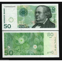 NORUEGA 50 KRONER 2008 PETER CHRISTEN, LIBELULA y NENUFARES Pick 46C BILLETE SC @NUEVO DISEÑO@ Norway UNC BANKNOTE