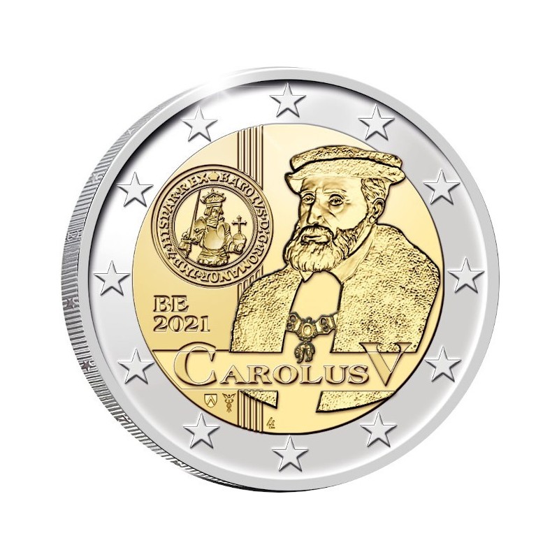 . 2ª moneda x BELGICA 2 EUROS 2021 CARLOS I DE ESPAÑA y V DE ALEMANIA SC CONMEMORATIVA Coincard HOLANDES