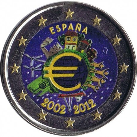 @MONEDA EN COLORES@ ESPAÑA 2 EUROS 2012 X ANIVERSARIO DEL EURO SIN CIRCULAR CAPSULA
