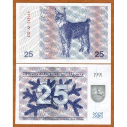 LITUANIA 25 TALONAS 1991 LINCE y FLOR DE ABETO Pick 36B BILLETE SC Lithuania 25 Litu UNC BANKNOTE LYNX