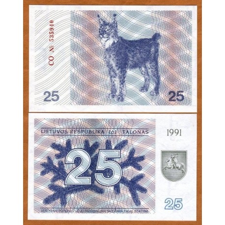 LITUANIA 25 TALONAS 1991 LINCE y FLOR DE ABETO Pick 36B BILLETE SC Lithuania 25 Litu UNC BANKNOTE LYNX