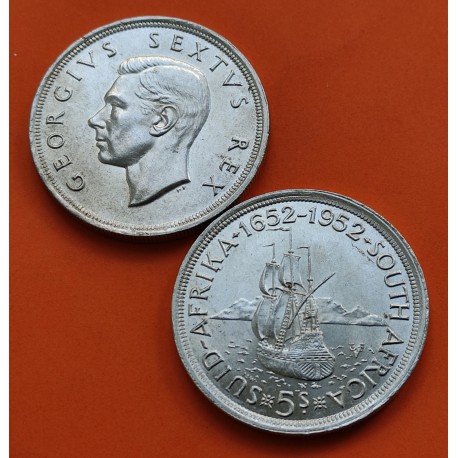 SUDAFRICA 5 SHILLINGS 1952 FUNDACION DE CIUDAD DEL CABO y BARCO KM.41 MONEDA DE PLATA EBC South Africa silver