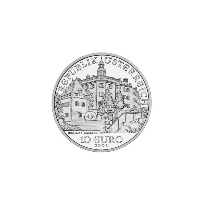 @ESTUCHE@ AUSTRIA 10 EUROS 2002 CASTILLO DE AMBRAS SCHLOSS y MUSICOS MONEDA DE PLATA PROOF Österreich silver coin