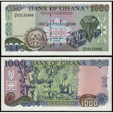 GHANA 1000 CEDIS 1996 FEBRERO 2 DIAMANTES y RECOLECTORES DE CACAO Pick 29B BILLETE SC Africa UNC BANKNOTE 23.02.1996