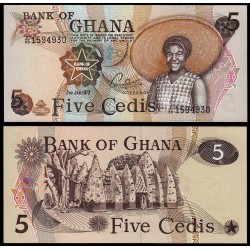 GHANA 5 CEDIS 1977 NATIVA ATAVIADA CON SOMBRERO y CABAÑAS Pick 15B BILLETE SC Africa UNC BANKNOTE