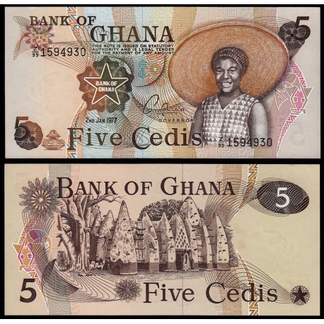 GHANA 5 CEDIS 1977 NATIVA ATAVIADA CON SOMBRERO y CABAÑAS Pick 15B BILLETE SC Africa UNC BANKNOTE