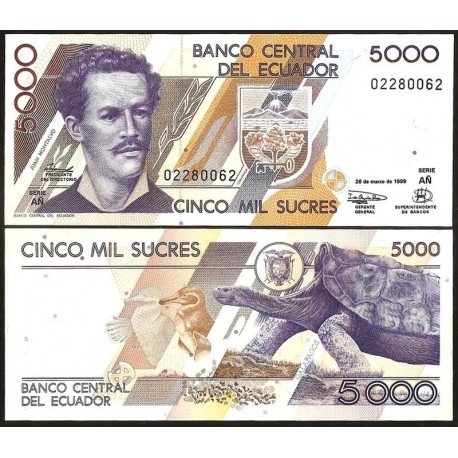 5000 Sucre Banknote R P128 UNC F Juan Montalvo 1999 Ecuador Tortoise