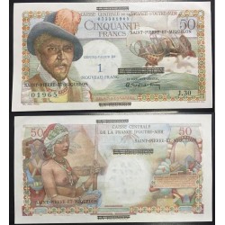 . SAINT PIERRE ET MIQUELON 1 NUEVO FRANCO sobre 50 FRANCOS 1960 IMPRESIONANTE DISEÑO Pick 30 BILLETE SC 1 Nouveau Franc