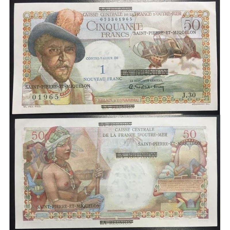 . SAINT PIERRE ET MIQUELON 1 NUEVO FRANCO sobre 50 FRANCOS 1960 IMPRESIONANTE DISEÑO Pick 30 BILLETE SC 1 Nouveau Franc