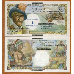 . SAINT PIERRE ET MIQUELON 1 NUEVO FRANCO sobre 50 FRANCOS 1960 IMPRESIONANTE DISEÑO Pick 30 BILLETE SC 1 Nouveau Franc