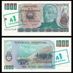 ARGENTINA 1 AUSTRAL 1985 sello en tinta sobre 1000 PESOS 1985 GENERAL Pick 320 BILLETE SC UNC BANKNOTE