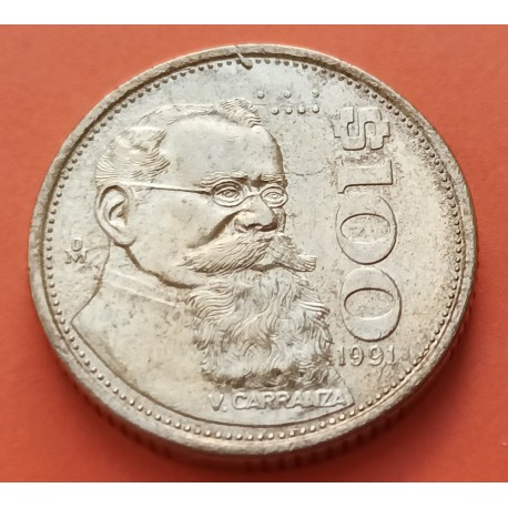MEXICO 100 PESOS 1991 CARRANZA KM.493 MONEDA DE LATON MBC Mejico Mexiko coin