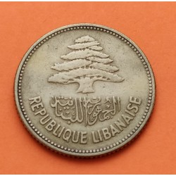 LIBANO 25 PIASTRAS 1952 CEDRO ARBOL SAGRADO y LAUREL KM.16 MONEDA DE LATON MBC Lebanon coin