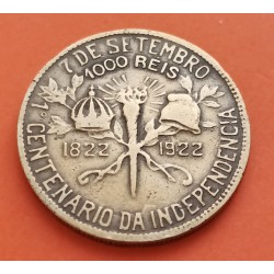 BRASIL 1000 REIS 1922 1822 REY PEDRO I y PESSOA INDEPENDENCIA KM.522 MONEDA DE LATON MBC Brazil brass coin 