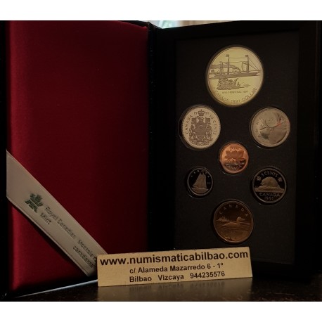 CANADA 1995 PRESTIGE SET 1+5+10+25+50 Centavos + 1 Dolar HUDSON GANSO Latón + 1 DOLAR 1991 BARCO FRONTENAC BAHIA PLATA 7 monedas