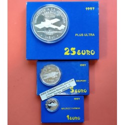 3 monedas x ESPAÑA 1 EURO + 5 EUROS + 25 EUROS 1997 HOMENAJE A LA AVIACION ESPAÑOLA PLATA ESTUCHES INDIVIDUALES FNMT