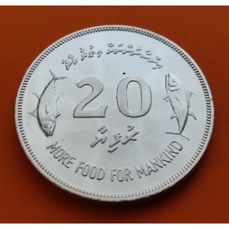 MALDIVAS 20 RUFIYAA 1977 PECES KM.56 MONEDA DE PLATA PROOF Maldives MORE FOOD FOR MANKIND silver coin