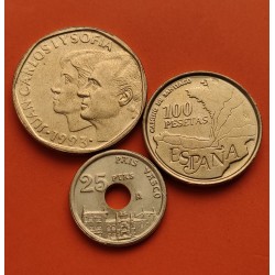 3 monedas x ESPAÑA 25+100+500 PESETAS 1993 REY JUAN CARLOS I XACOBEO y PAIS VASCO LATON SC- alguna imperfección
