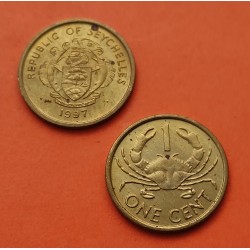 SEYCHELLES 1 CENTAVO 1997 CANGREJO y ESCUDO KM.46 MONEDA DE LATON SC- IMPERFECCIONES 1 Cent