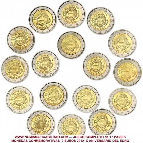 X ANIVERSARIO DEL EURO x 2 EUROS 2012 @LOTE DE 17 MONEDAS / PAÍSES@ (TYE) SIN CIRCULAR ***INCLUYE ESPAÑA***