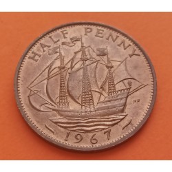 INGLATERRA 1/2 PENIQUE 1967 BARCO VELERO ISABEL II KM.896 MONEDA DE BRONCE SC- UK Half Penny coin