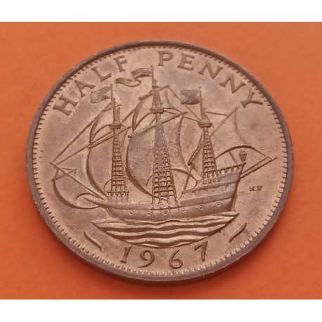 INGLATERRA 1/2 PENIQUE 1967 BARCO VELERO ISABEL II KM.896 MONEDA DE BRONCE SC- UK Half Penny coin