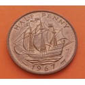 INGLATERRA 1/2 PENIQUE 1967 BARCO VELERO ISABEL II KM.896 MONEDA DE BRONCE SC- UK Half Penny coin
