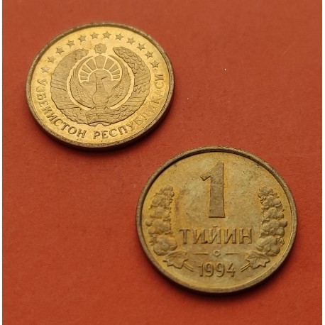 UZBEQUISTAN 1 TIYIN 1994 ESCUDO NACIONAL y VALOR KM.1.1 MONEDA DE LATON SC- Uzbekistan