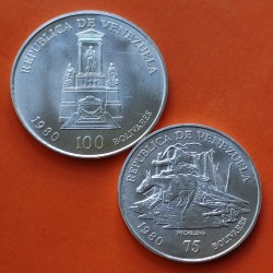 2 monedas x VENEZUELA 75 BOLIVARES 1980 JOSE DE SUCRE KM.54 + 100 BOLIVARES 1980 SIMON BOLIVAR PLATA SC-